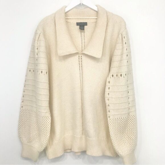 Design 365 Cream Cozy Puff Sleeve Collared Pullover Thick Knit Sweater - Picture 1 of 16